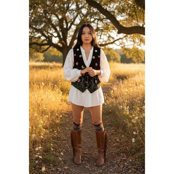 AJ Coastal Cowgirl Western Hippie Artsy Boho Suede Embroidered Vintage Vest - Picture 1 of 8